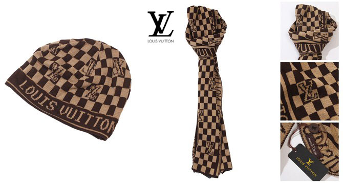 Écharpe et Bonnet Louis Vuitton Carreaux Marron et Beige,135